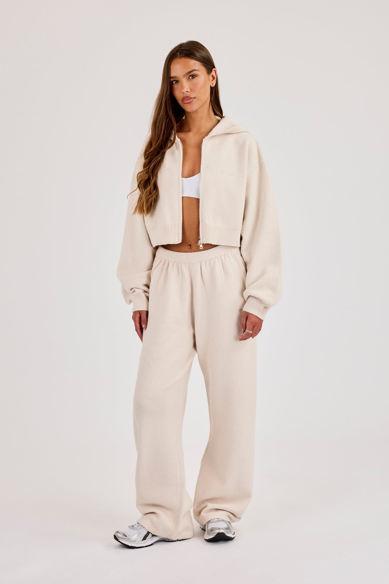 Cernucci Knitted Logo Cropped Zip Hoodie & Wide Leg Jogger - Oatmeal